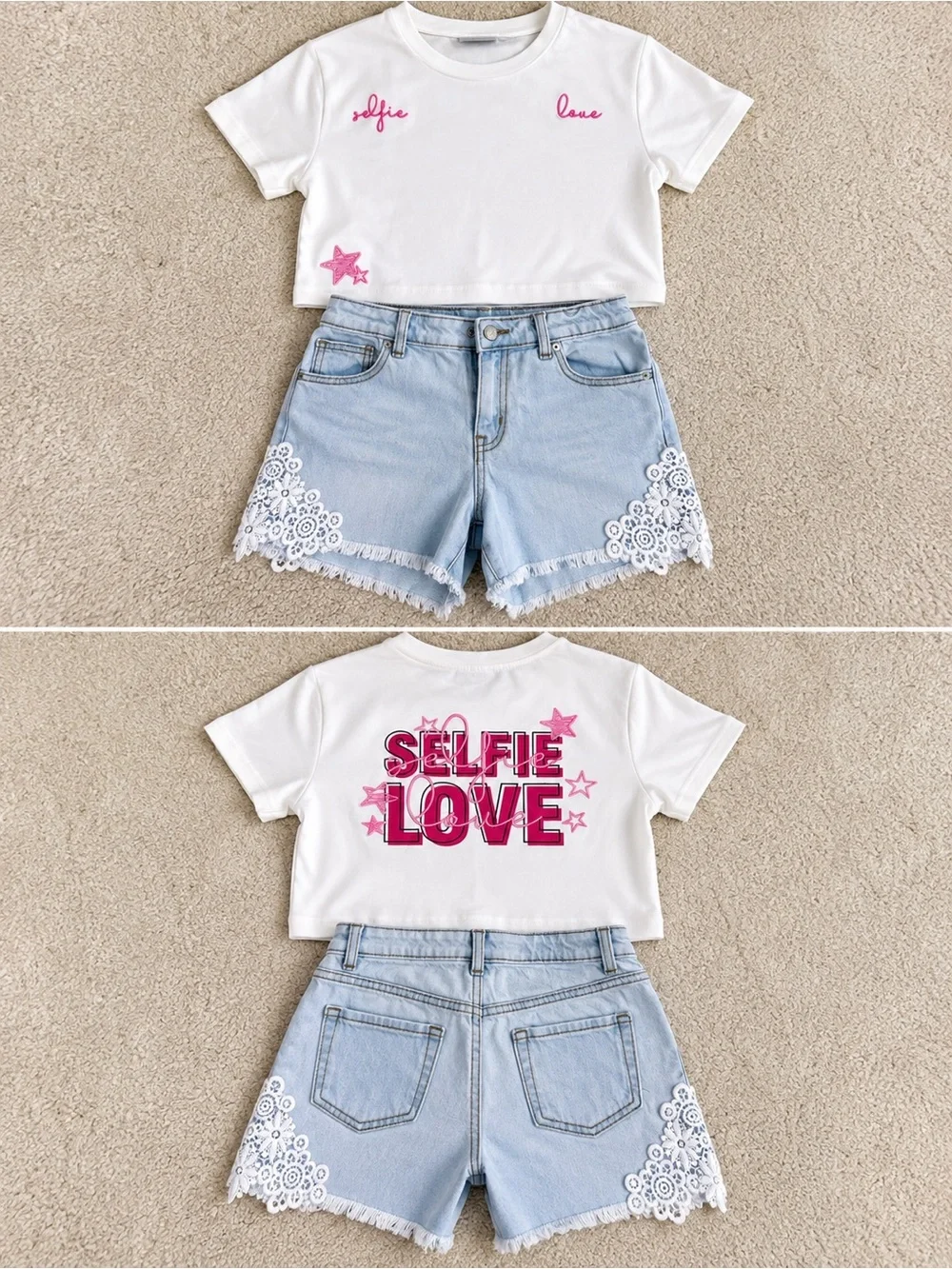 KIDS✨Girls Trendy 2-Piece Outfit Selfie Love Crop Tee + Lace Denim Shorts